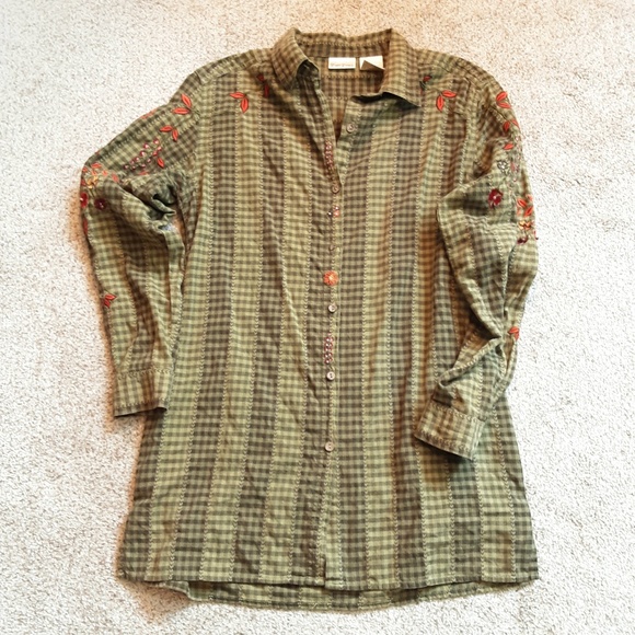 Bobbie Brooks Green Plaid Embroidered Button Cotton Tunic Size S - Picture 5 of 12